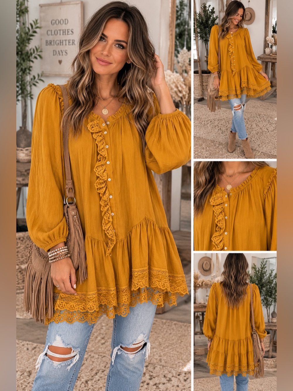 Free People Mustard Ruffle Lace Long-Sleeve Women's Dress Size Large
